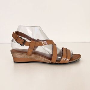 Tod's Tan Patent Leather Strappy Mini Wedge Sandals